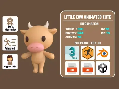 Little Cow Animated Cute 3D Models For Games And Animations Low-poly 3D model