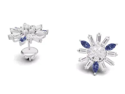 Floral Sapphire And Diamond Stud Earrings With Baguette 3D print model
