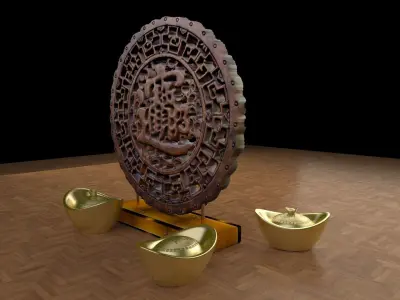 Chinese gold Ingot  and wooden carving pattern  3D model