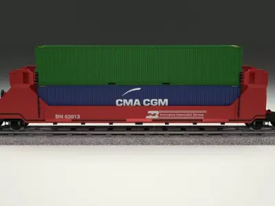 Red Train Well Car w Containers 3D model