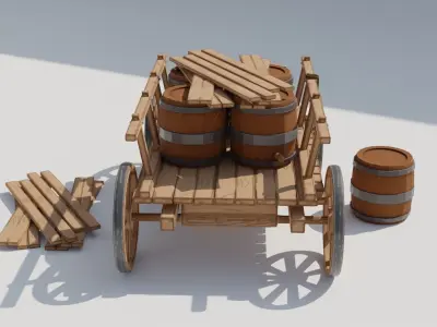 Medieval cart with barrels Low-poly 3D model