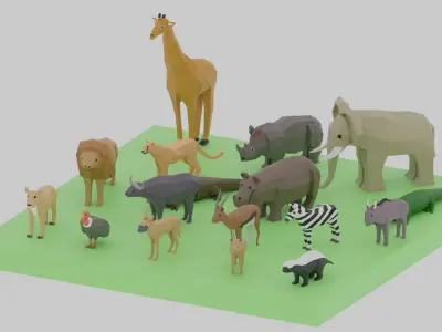 Cartoon LowPoly African Animals Collection Low-poly 3D model