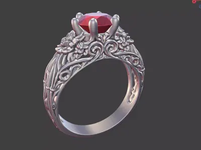 FLORAL SCROLLWORK SINGLE-GEMSTONE ENGAGEMENT RING 3D print model