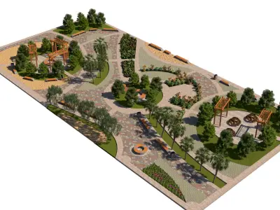 Detailed Public Square Landscape 3D Model Low-poly 3D model