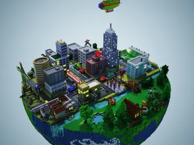 Earth with city and village landscape voxel 3D model