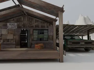 Shanty Wooden House and Shanty Garage with Car 3D model