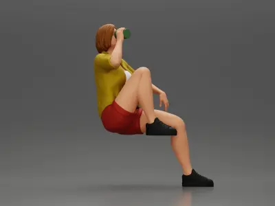 woman sitting on chair hugging her pulled-up leg while drinking 3D print model