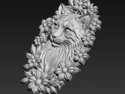 Cat Head and Flowers A84 3D print model