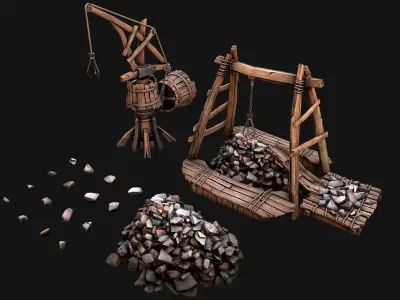 Medieval Quarry Mine with Crane Pack Low-poly 3D model