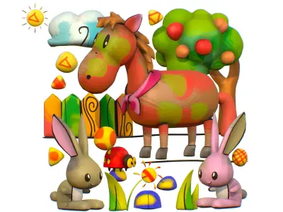 3D illustration Horse Hare Rabbit Ladybird Wood Low-poly 3D model