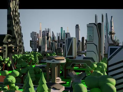 10 Stylized Futuristic City Block Areas plus flying cars 3D model
