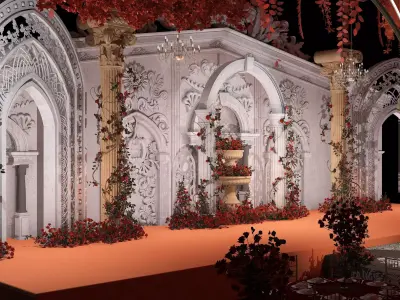 Banquet Hall with Dining Sets and Decorated Scene 3D model