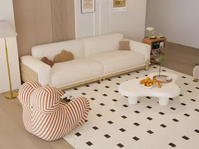 Cozy Cream Living Room With Striped Lounge Chair 3D model