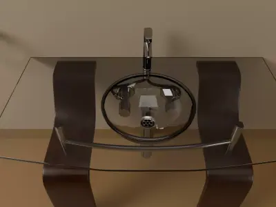 Modern Glass Wash Basin with Wooden Stand 3D model