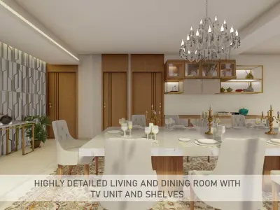 Highly detailed Living and dining room with tv unit and shelves 3D model