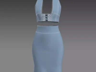 DENIM  FABRIC BLUE BLOUSE AND SKIRT TWO PIECES  3D model
