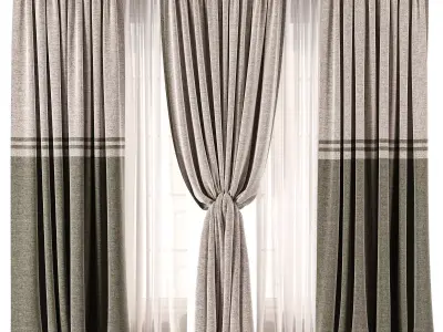 Olive Contrast Linen Curtain Set with Decorative Trim 3D model