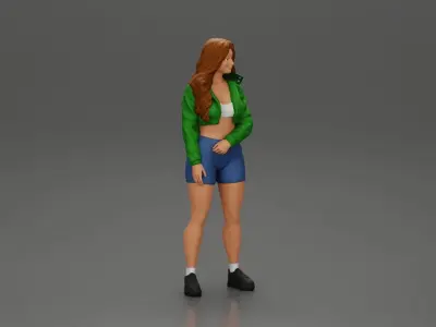 sporty happy girl standing in mini jacket short with long hair 3D print model