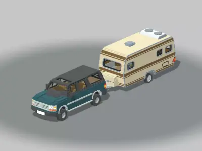 Voxel Caravan With SUV Tow Low-poly 3D model