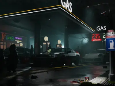 FREE Mysterious Vintage Gas Station with Cars Free 3D model