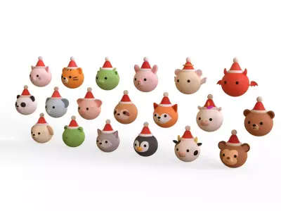 Cute Christmas Animal Head Pack 01 Low-poly 3D model