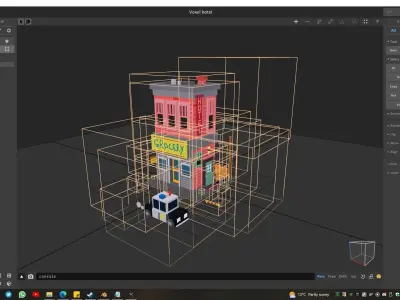 Voxel 3d hotel with grocery store and a police car 3D model