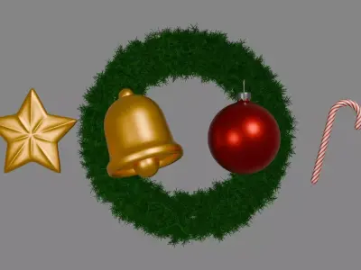 Christmas 3D Asset Pack Wreath Bell Ornament Candy Cane and Star 3D model
