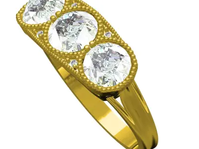 Three Stone Vintage Style Art Deco Ring 3D print model