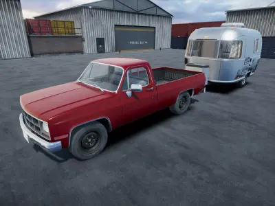 Pickup truck with small camper trailer Unity 3d asset Low-poly 3D model