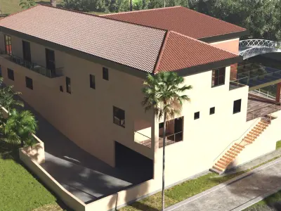 Exterior scene of rustic house on sloped landscape 3D model