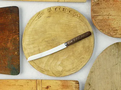 Antique Cutting Boards with Knife 3D model