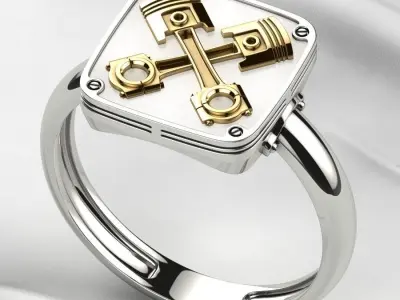 Crossed Pistons Silver Gold Ring with Enamel 3D print model
