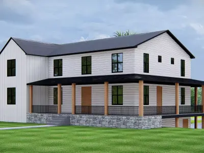 Modern farmhouse exterior design with wraparound porch 3D model