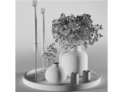 Decorative set 3 tray with candles and glass vases 3D model