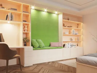 Bookshelf - desk - seating area interior scene 3D model