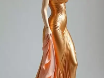 Luxury Golden Woman 3D Model Detailed Gown Sculptural Design Low-poly 3D model