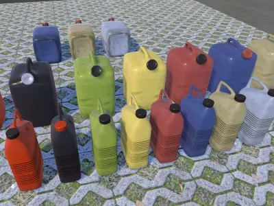 PBR Canisters three different colored water cans on sidewalk Low-poly 3D model