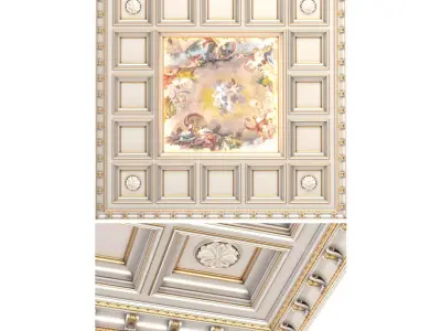 Classical Coffers ceiling tile with a fresco 3D model