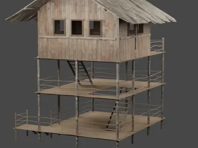 FANTASY MEDIEVAL WOODEN VILLAGE WATCHTOWER HUT low-poly 3D model Free low-poly 3D model