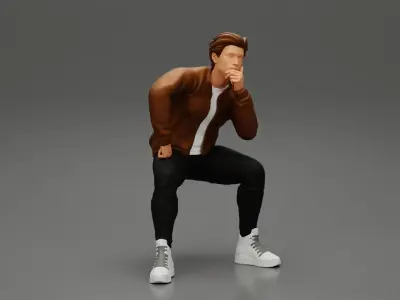 man in leather jacket sitting in thinking pose 3D print model