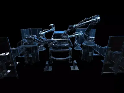 Robot arm animation car manufacturing production line factory 3D model