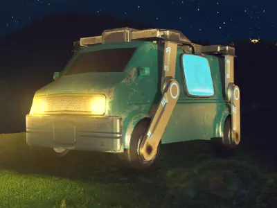 Low-Poly Van truck in grass at night Low-poly 3D model