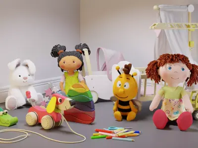 Wood Toys Dolls And Stroller 3D model