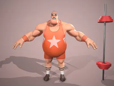 Weightlifter cartoon character holding barbell Low-poly 3D model