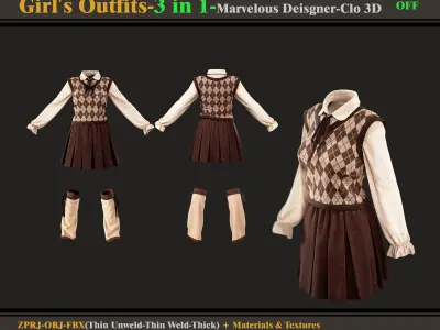 3 in 1 Girls Outfits- MD-Clo3d -OBJ - FBX -Materials-OFF 3D model