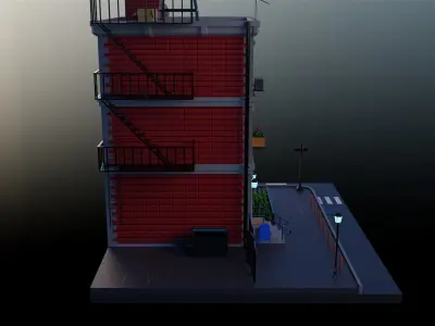 Cartoon building with decoration and street details PBR low-poly Low-poly 3D model