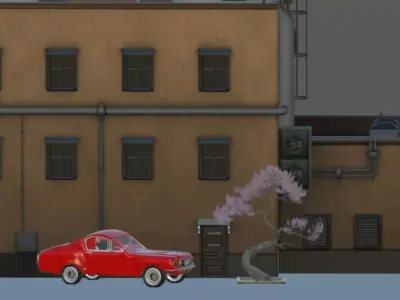 Red Car with Building and Tree Low-poly 3D model