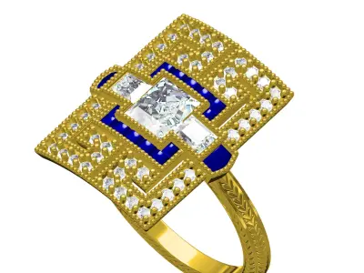 Blue Sapphire Diamond Art Deco Ring 3D print model