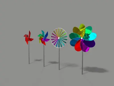 Pinwheel three colorful pinwheels on wooden stick Low-poly 3D model