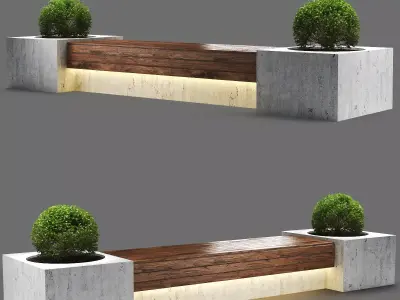 bench1150-4m concrete bench with two potted plants 3D model